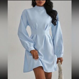 Shein Aveloria Solid Color Stand Collar Pleated Long Sleeve Women's Dress